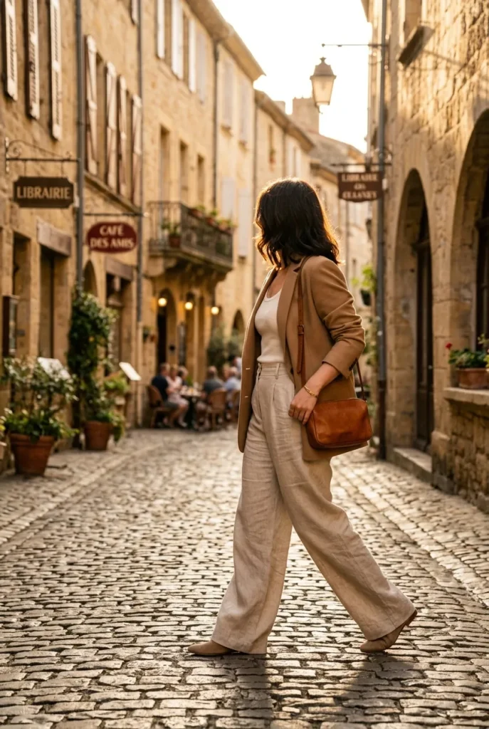 Woman in oat wide-leg trousers, ivory merino tank, and camel blazer walking a sunlit European cobblestone street