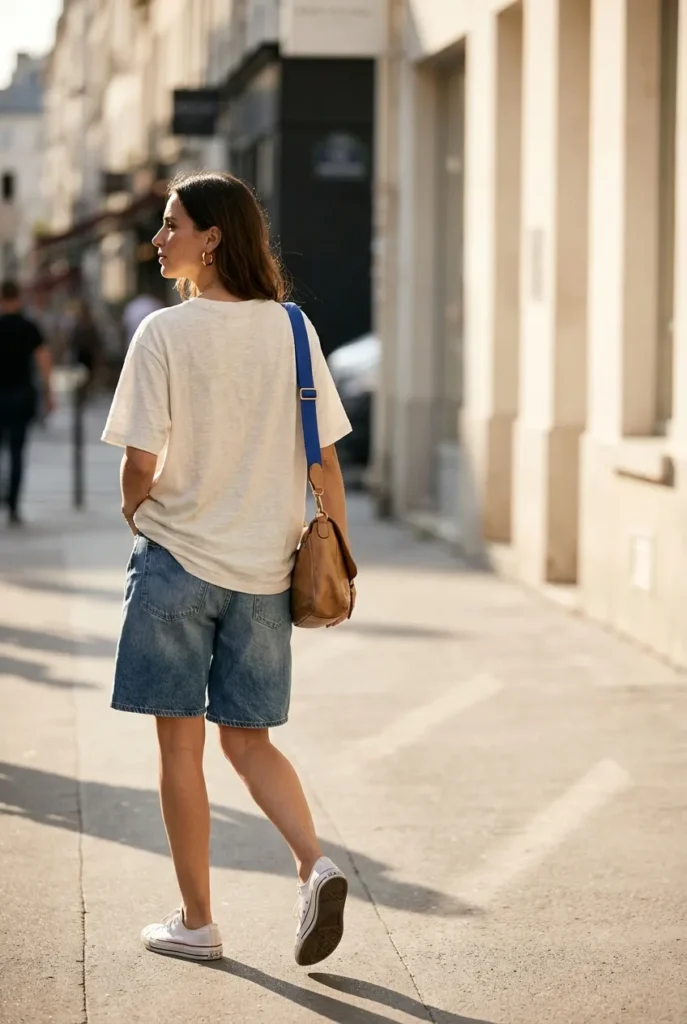 Woman in oversized ivory tee and denim shorts walking, summer streetwear outfits