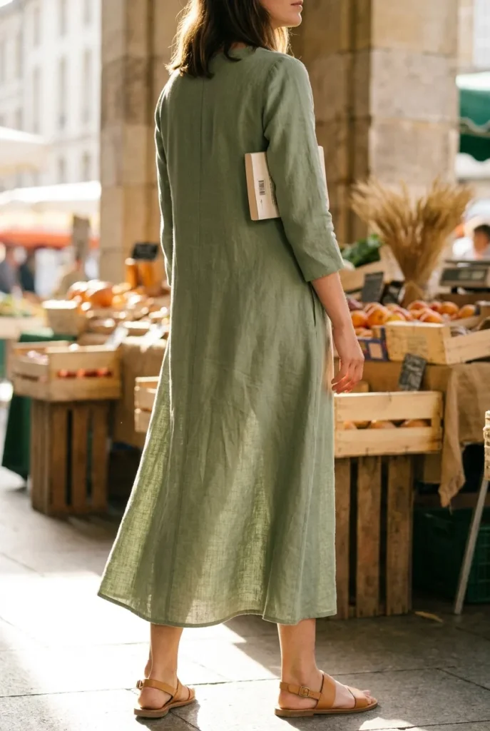 Woman in sage linen maxi dress at farmers market, effortless cool summer outfit for hot weather women