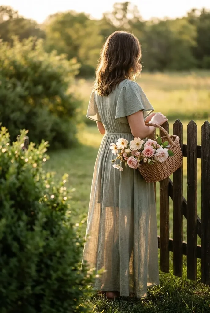 Woman in sage prairie maxi dress at garden fence, cottagecore summer silhouette