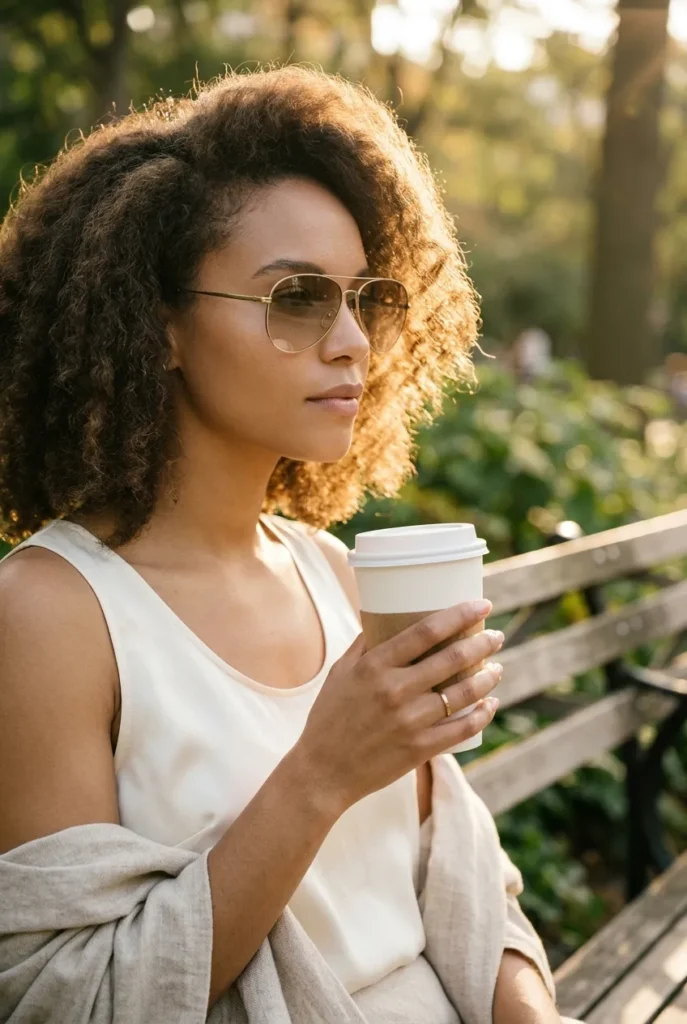 Woman in soft gold aviator sunglasses, the right frame style for heart-shaped faces.