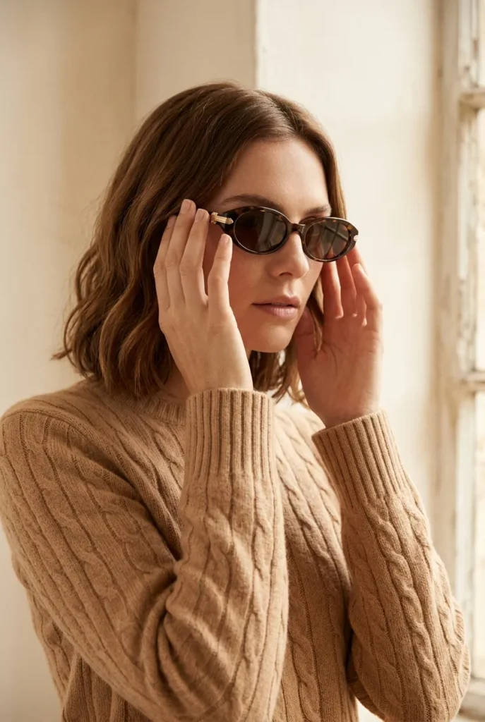 Woman in tortoise frames demonstrating sunglasses that suit oval face shapes.