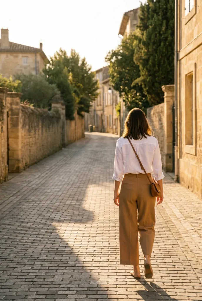 Woman in white linen shirt and camel trousers walking a golden-hour street.