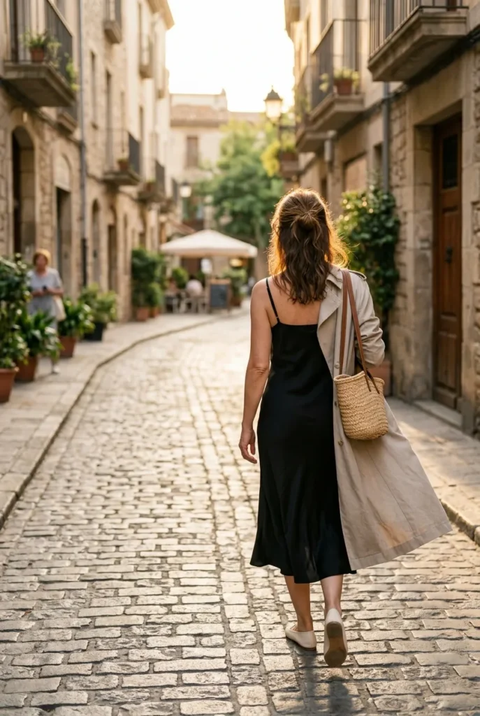 Woman over 40 in black silk midi dress and stone trench for capsule wardrobe