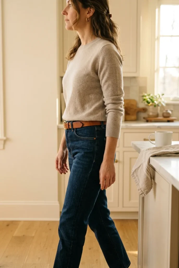 Woman over 40 in cashmere crewneck and dark straight-leg jeans for capsule wardrobe