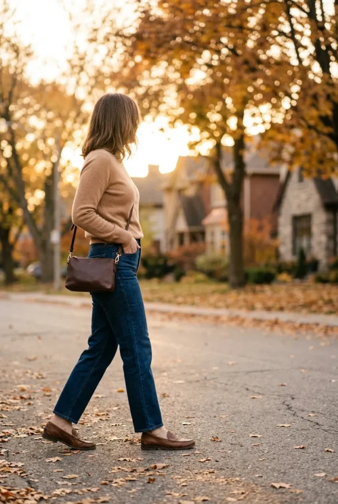 Woman over 40 walking in straight-leg jeans, loafers, and crossbody bag in fall