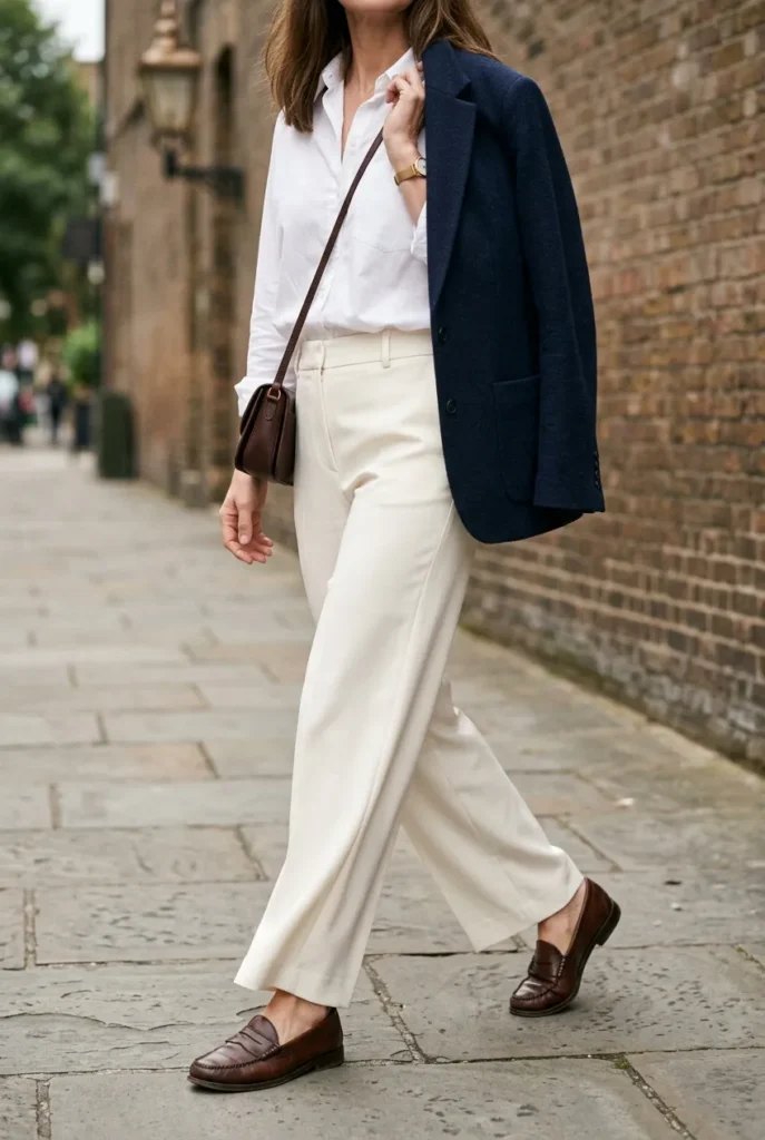 Woman over 40 wearing white button-down, ivory wide-leg trousers, and navy blazer