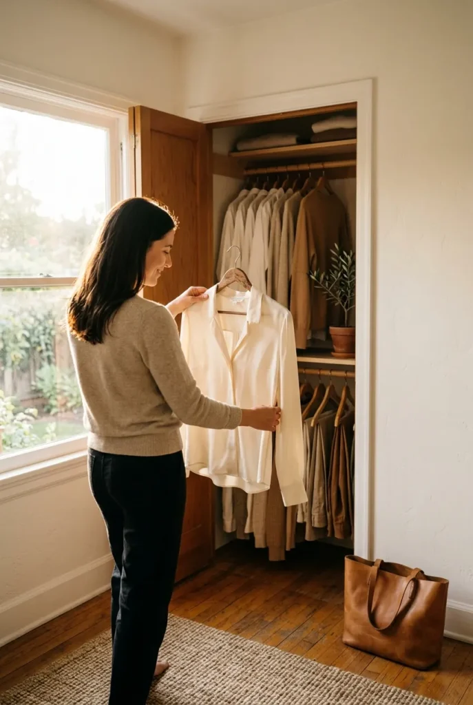 Woman rediscovering a forgotten silk blouse in her own closet, shopping her wardrobe before buying new