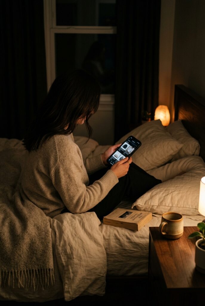 Woman scrolling a shopping app in bed at night by lamplight, the classic impulse shopping trigger moment