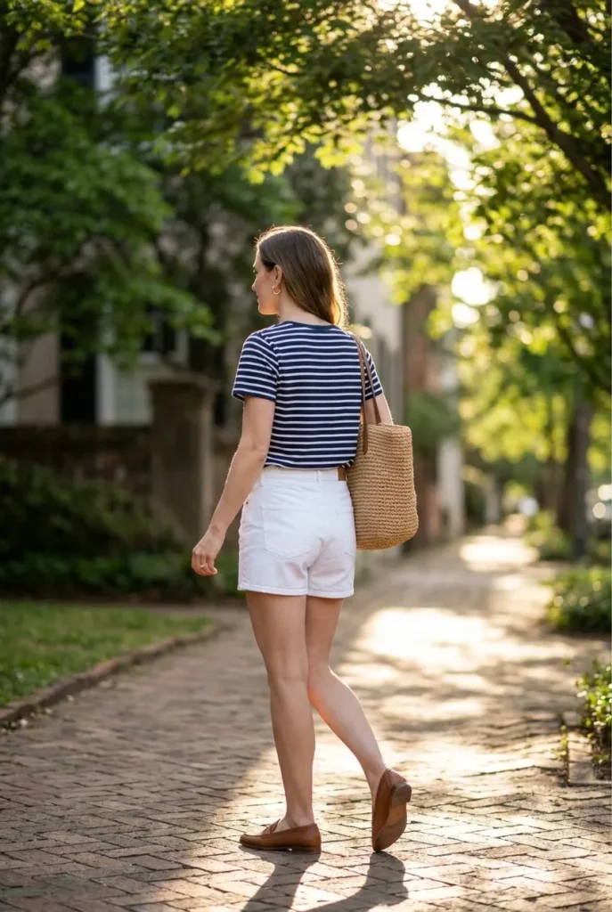 Woman walking in striped tee, white shorts, and loafers, easy preppy summer outfit.