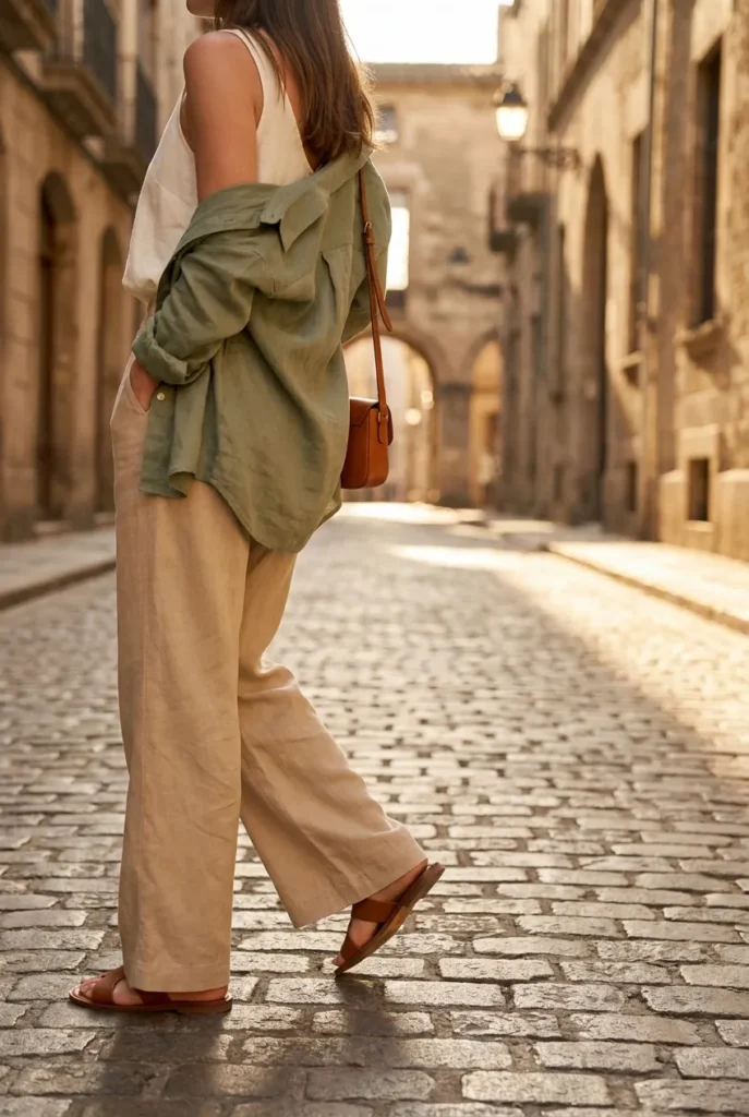 Woman walking in summer capsule wardrobe outfit using the 60-30-10 color split with sage, oat, and cognac.