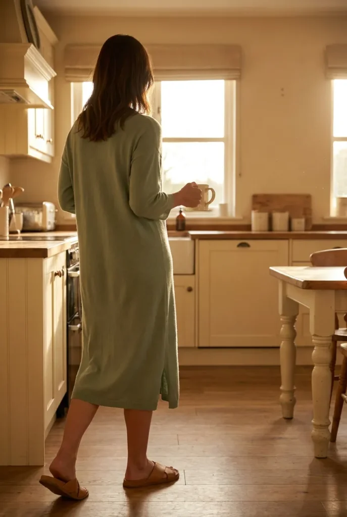 Work from home mom summer outfit, sage knit dress and tan slides in a sunny kitchen.