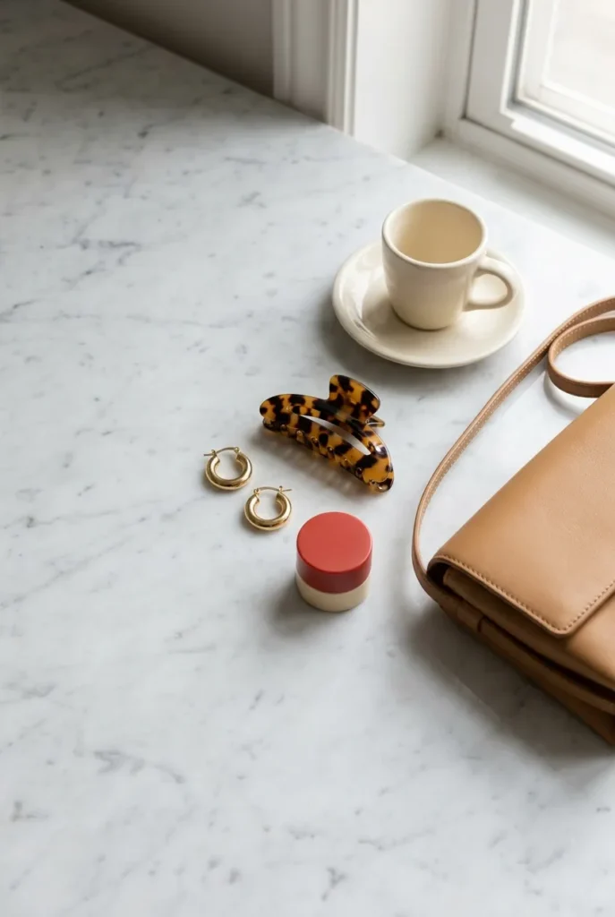 Work from home summer accessories, gold hoops, tortoise clip, and tan crossbody flat lay.