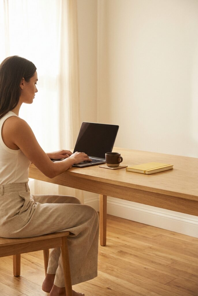 Work from home summer outfits, ivory tank and oat linen pants at a sunny home desk.
