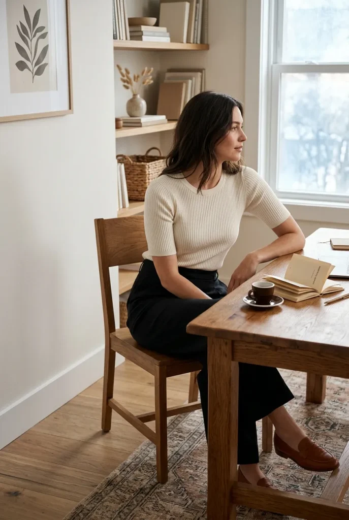 Work outfit wide-leg trousers summer, woman in black trousers and ivory ribbed knit seated at wooden desk
