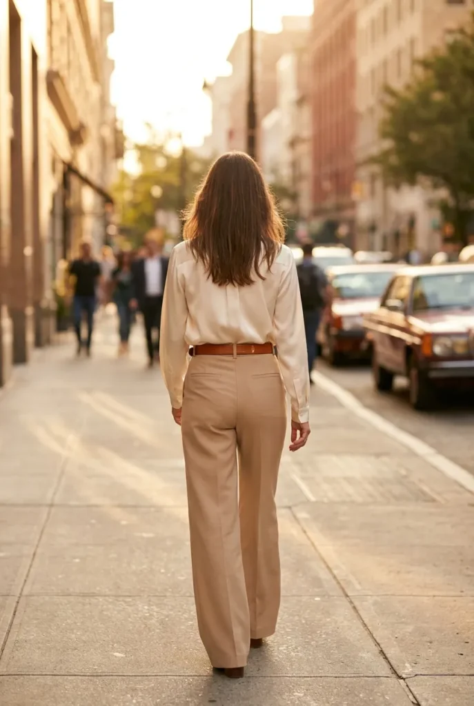 Back view of a woman walking with a cognac belt at the natural waist showing balanced proportions.