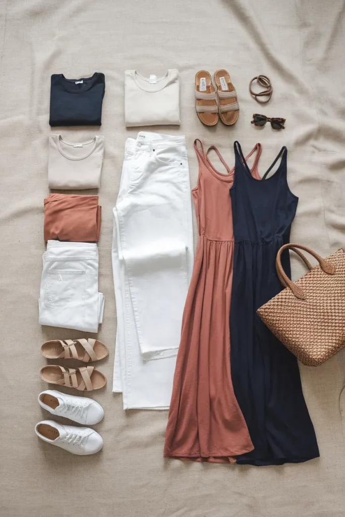 16 piece 7 day cruise packing list flat lay with linen pants, maxi dress, sandals, and tote