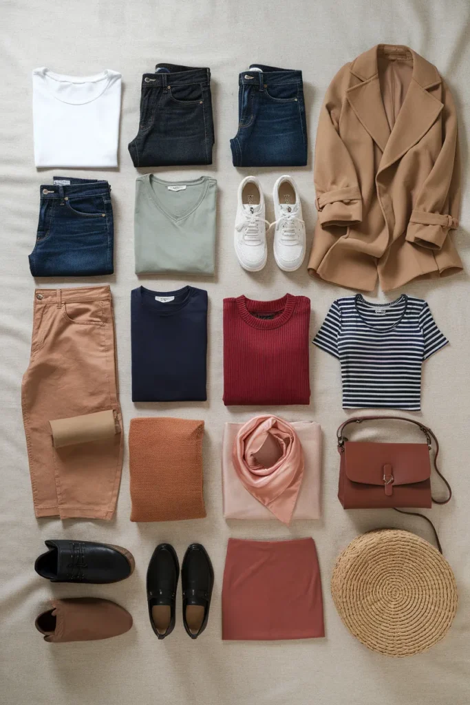 18-piece colorful capsule wardrobe flat-lay with neutral base, burgundy, sage, navy, and terracotta pieces.