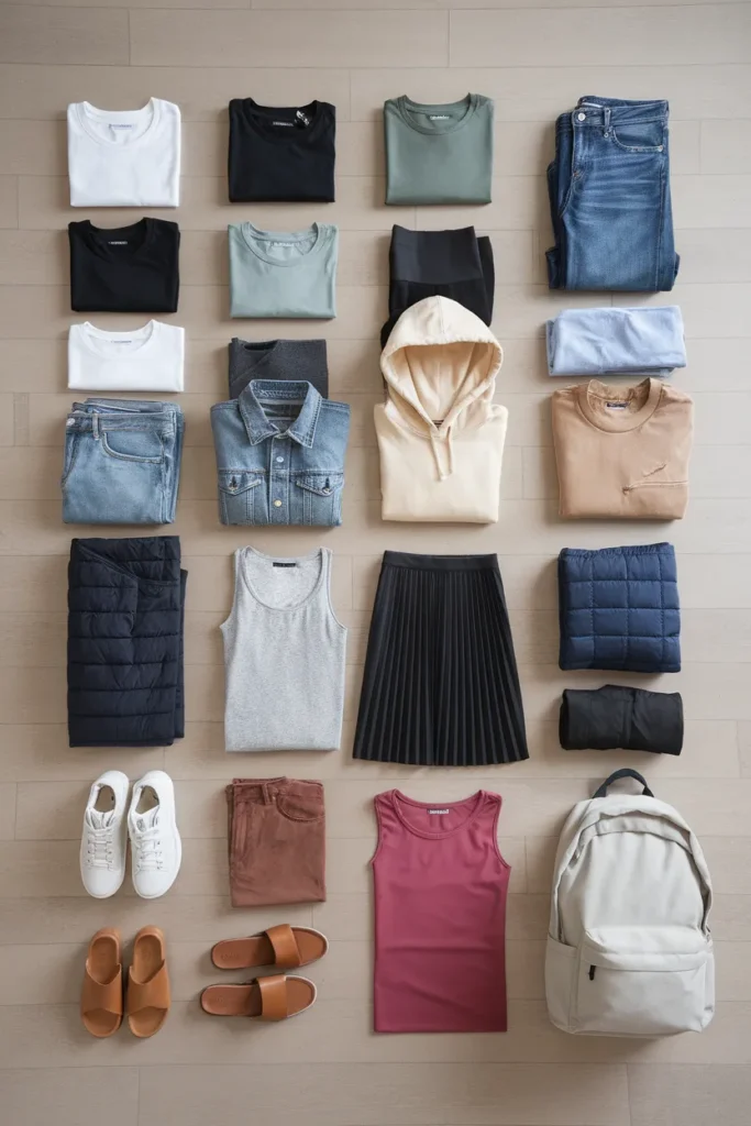 25 piece capsule wardrobe checklist for a teenage girl laid out in a flat lay grid