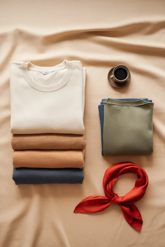 60-30-10 capsule wardrobe color palette flat lay neutrals, denim, and one tomato red accent scarf