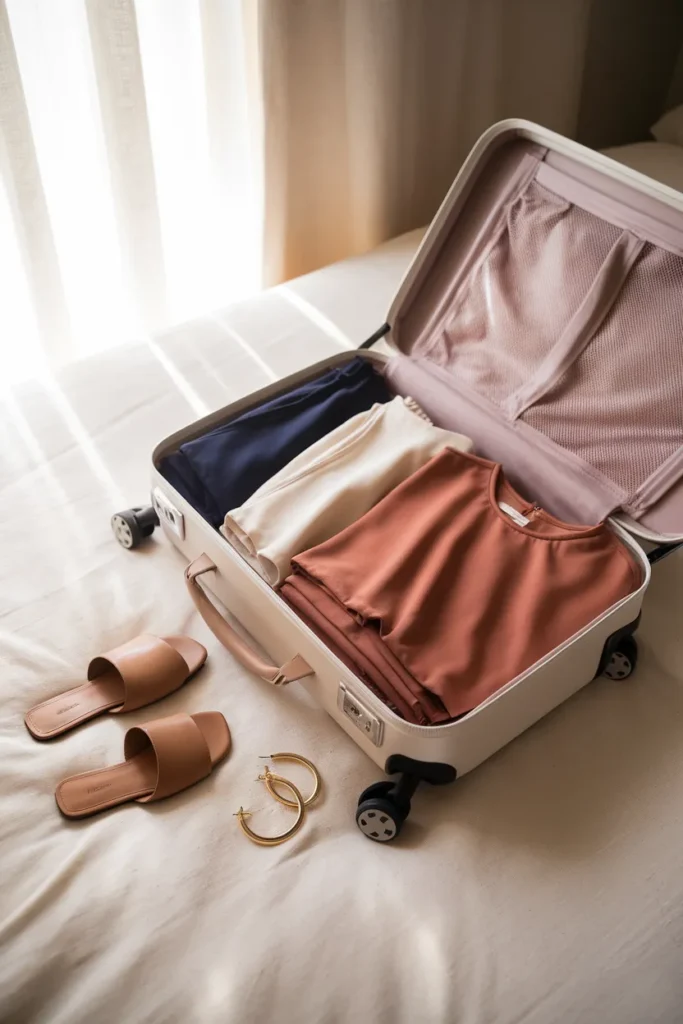 7 day cruise capsule wardrobe packed in an open carry on with navy, ivory, and camel pieces