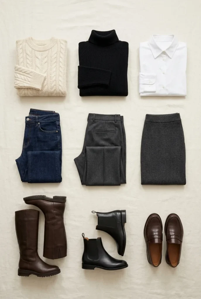 A 3-3-3 winter capsule wardrobe grid of three tops, three bottoms, and three pairs of shoes.
