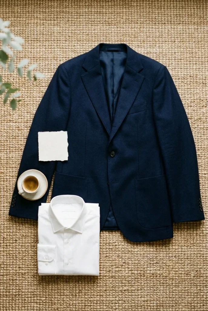 A single quality navy blazer styled to show cost per wear for interviews