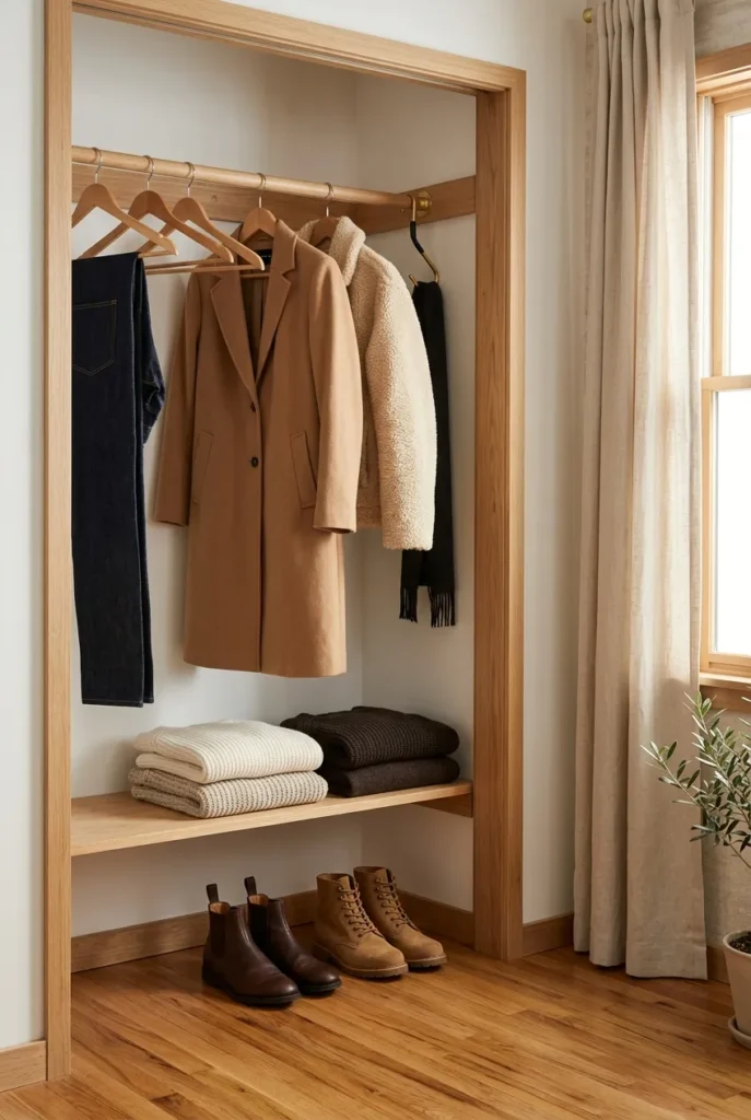 A small winter capsule wardrobe of neutral coats, knits, and boots on wooden hangers.