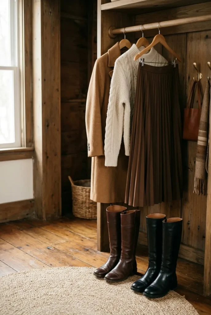A small winter capsule with a camel coat, knits, and two pairs of tall boots.