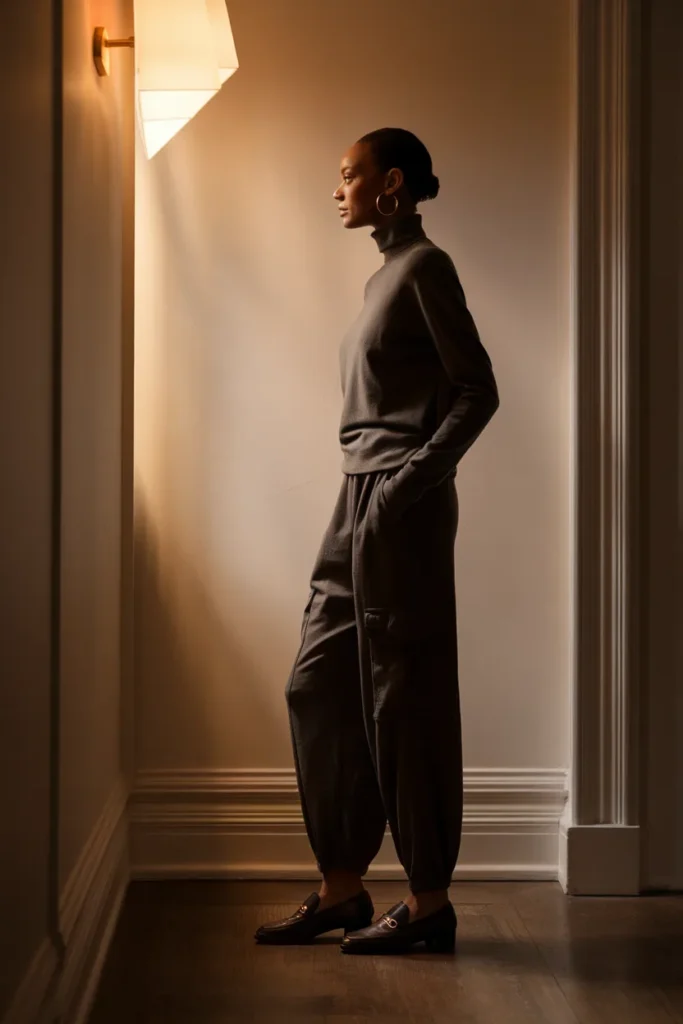 All-black monochrome column outfit with cargo pants, knit top, and leather loafers