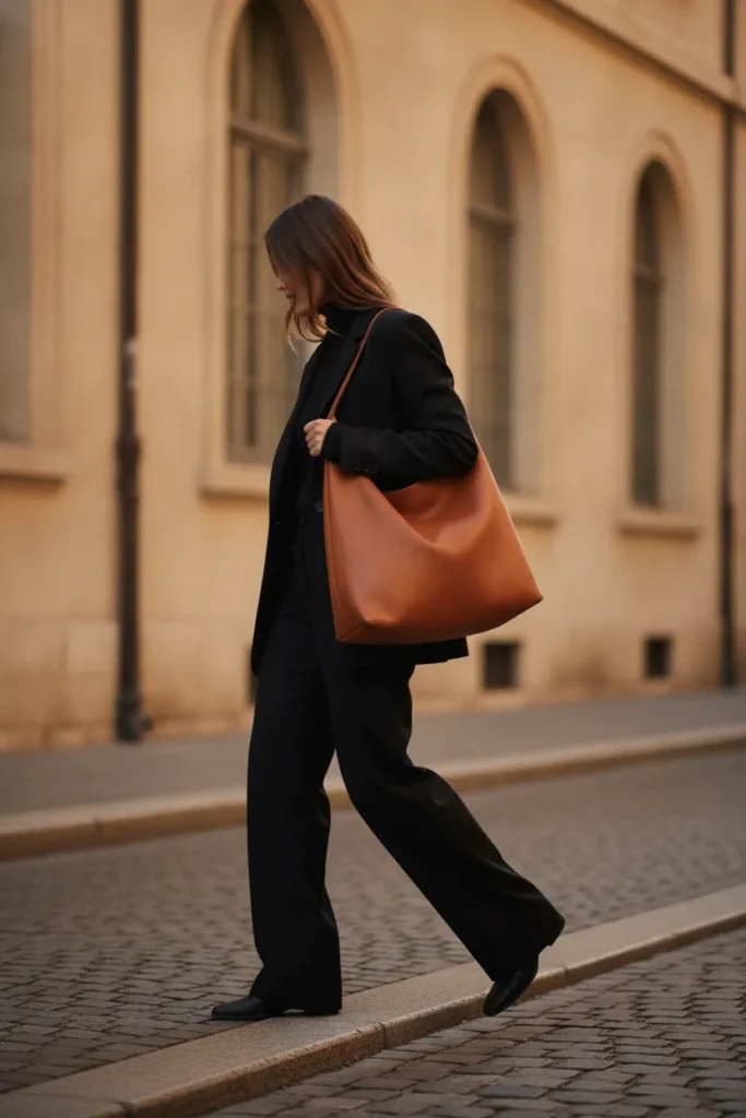 All black outfit with a single cognac brown leather tote as the accent color