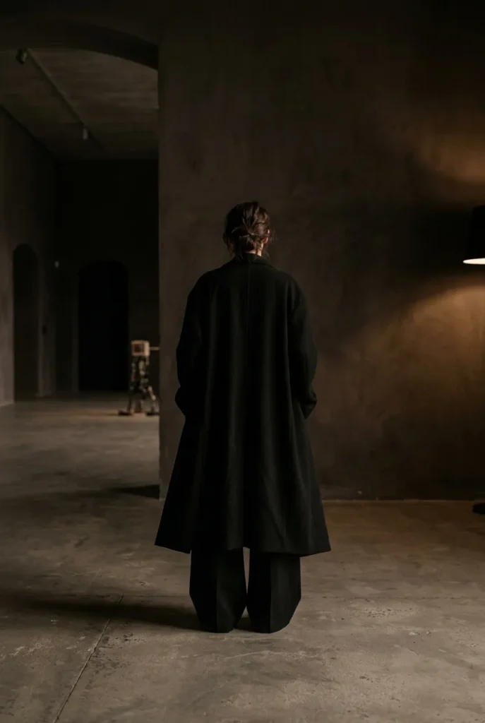 All-black oversized Japanese minimalist outfit shown from behind