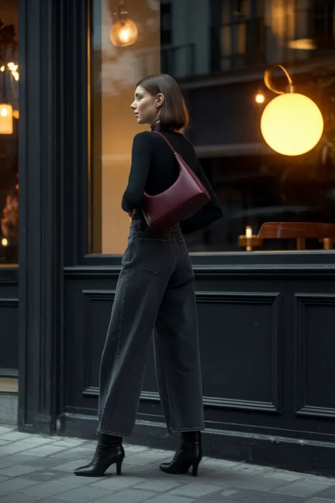 Alt text All black baggy jeans outfit with heeled boots and a burgundy bag at dusk
