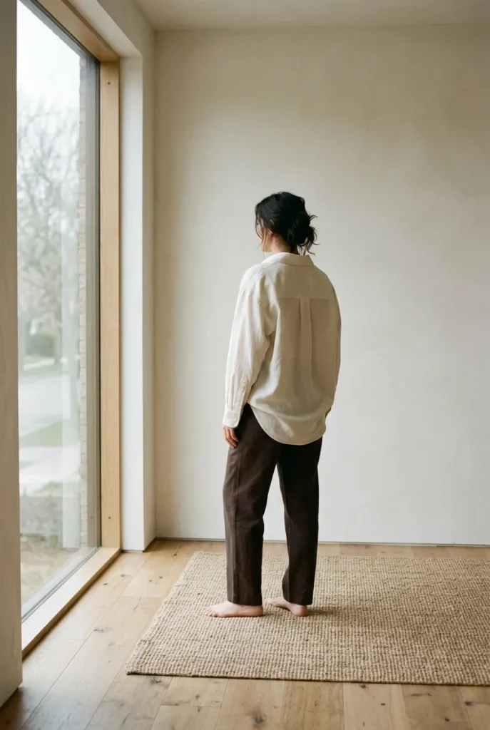 Back view of oversized button-down and straight trousers minimalist silhouette