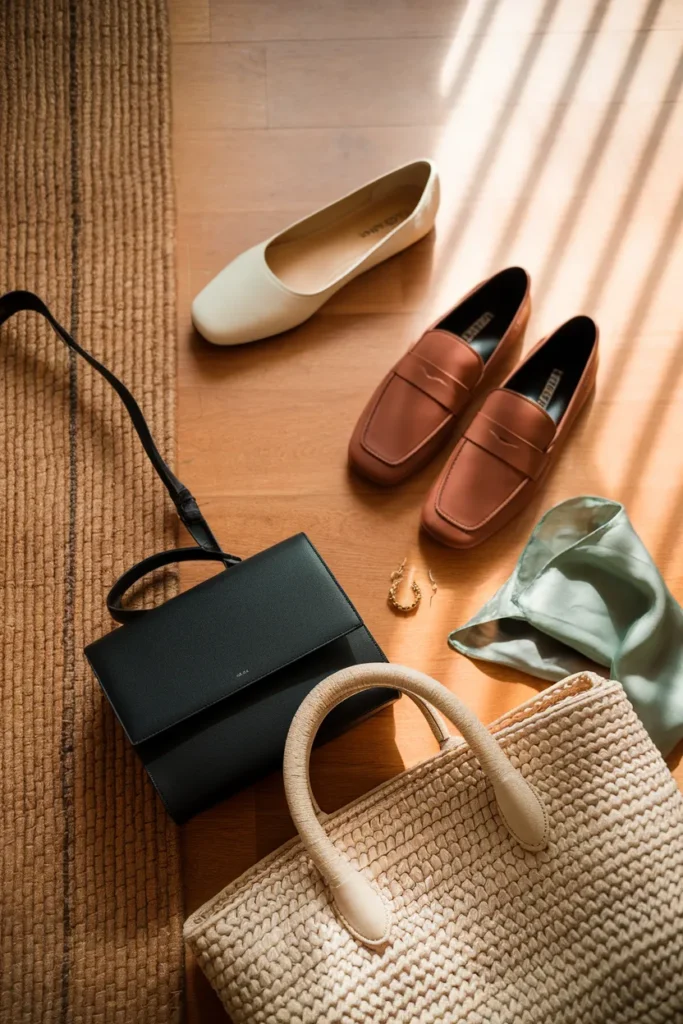Ballet flats, loafers, crossbody bag, raffia tote, gold hoops, and silk scarf for a romantic capsule