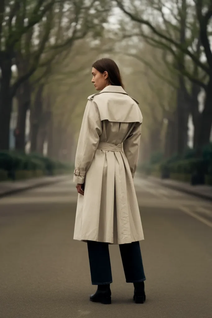 Belted stone trench coat from behind, structured outerwear for a rectangle body shape capsule