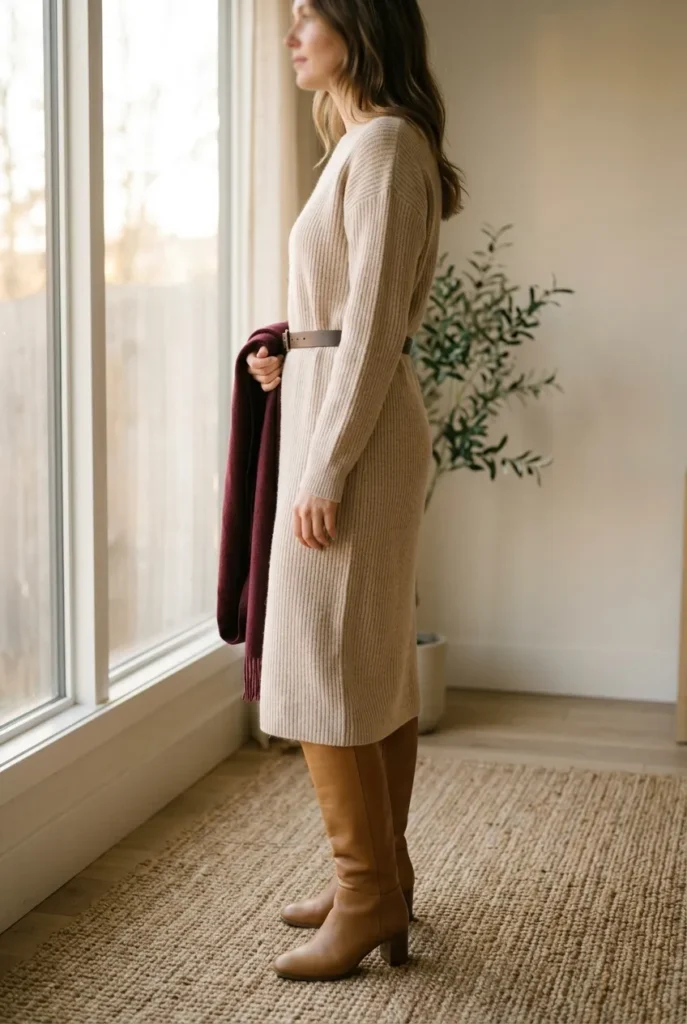 Belted sweater dress with tall boots as an easy warm winter work outfit.