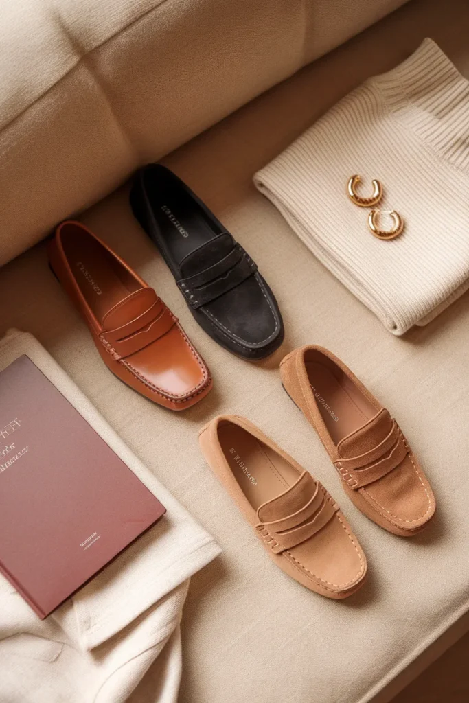 Best loafers for women flat-lay in cognac, black, and camel suede on oat linen