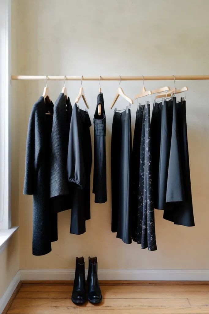 Black and charcoal capsule wardrobe pieces hanging on a wooden rail in side window light.