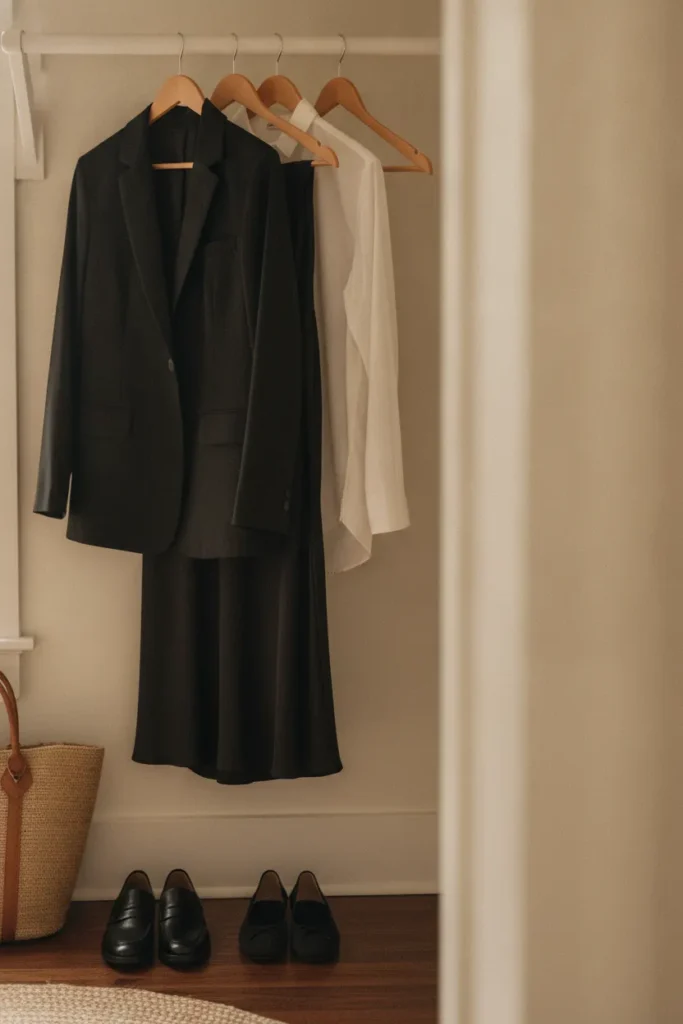 Black capsule pieces on wooden hangers blazer silk skirt and poplin shirt