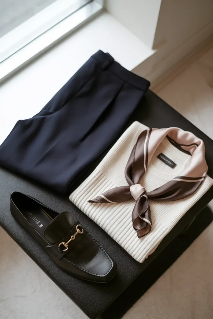 Black horsebit loafers styled with navy trousers and a cream sweater flat-lay