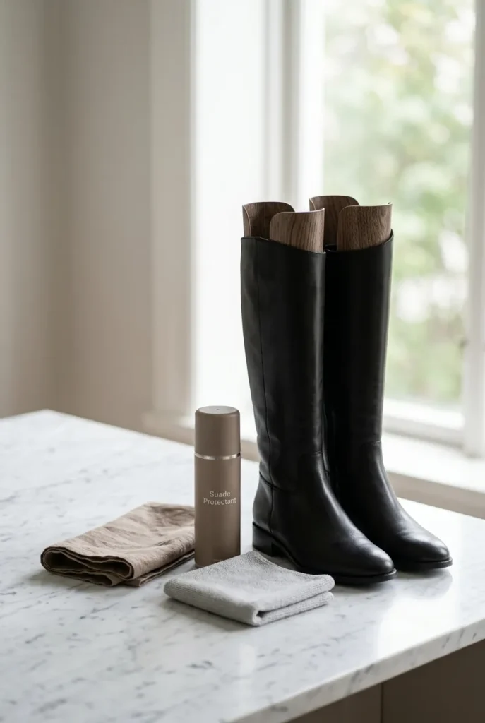 Black knee-high boots stored upright with boot shapers next to suede protectant and a cloth. Knee-High Boots Outfits