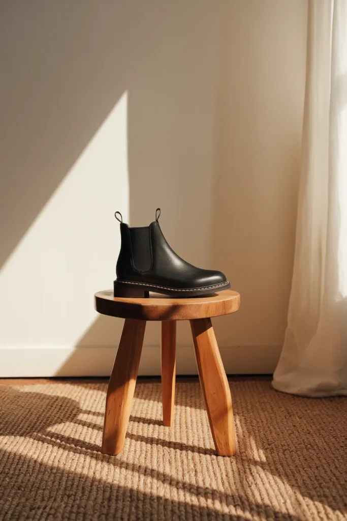 Black leather Chelsea ankle boot, a core capsule wardrobe shoe, in soft window light.