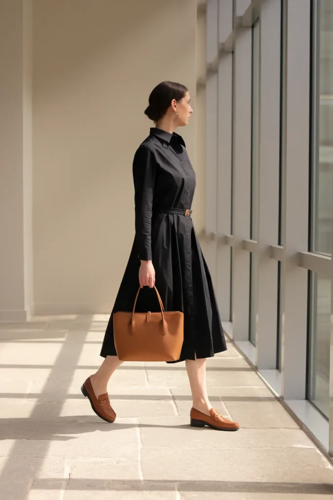 Black shirtdress with belt and loafers, a work ready dress from a dresses only capsule