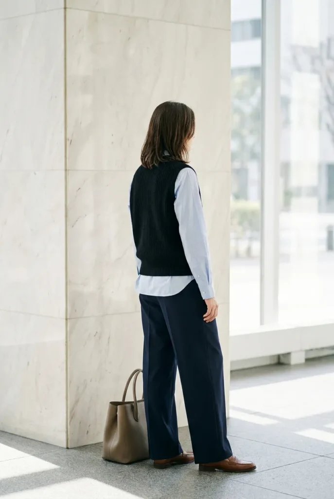 Black sweater vest over blue button-down with navy trousers and loafers for work