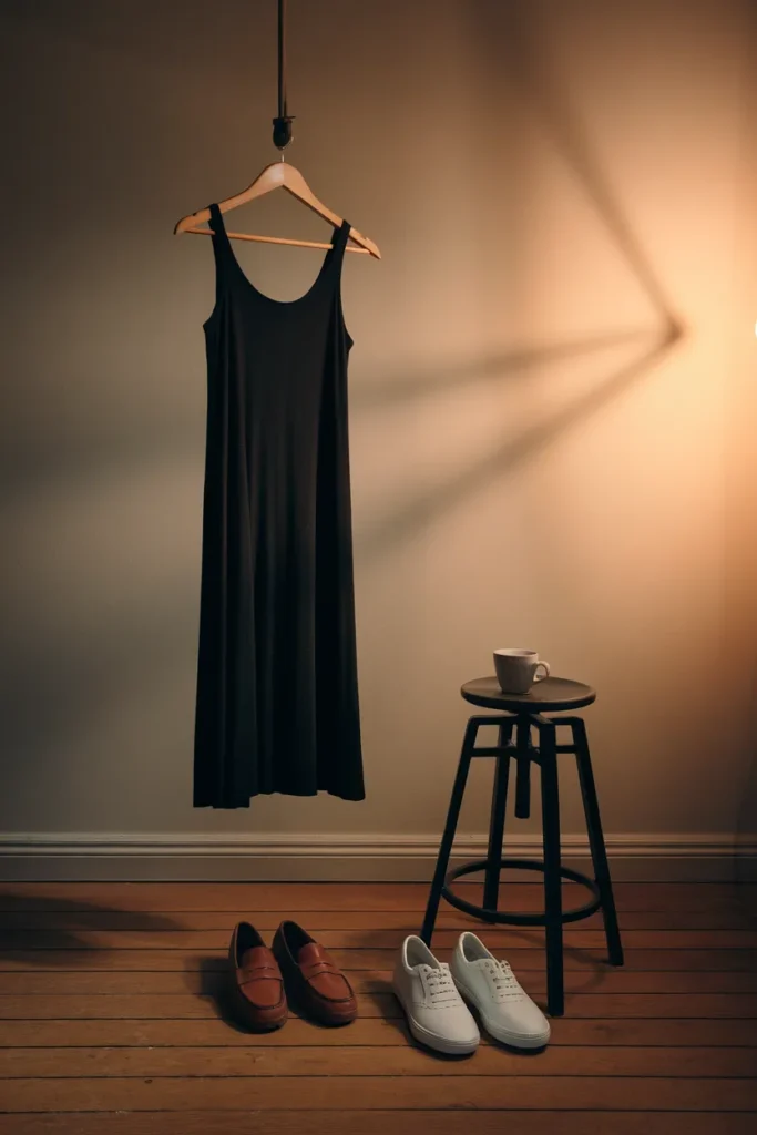 Black tank midi dress on a wooden hanger styled two ways for college
