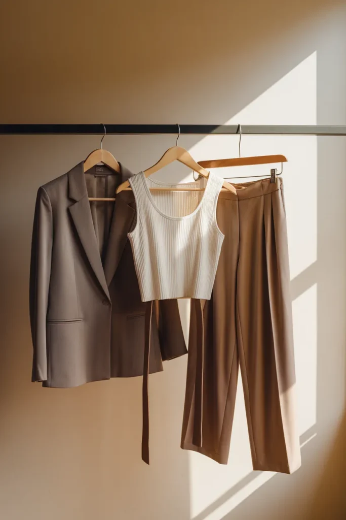 Blazer, belted top, and pleated trousers showing three ways to add shape to a rectangle frame