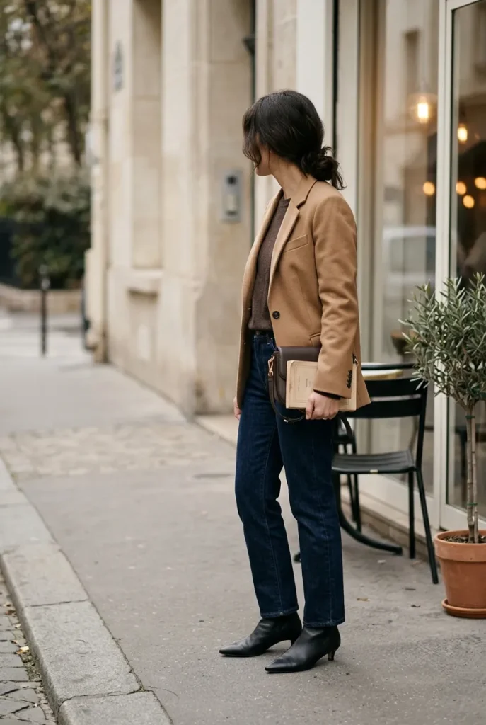 Blazer, straight jeans, and pointed-toe ankle boots for a dressed-up fall outfit