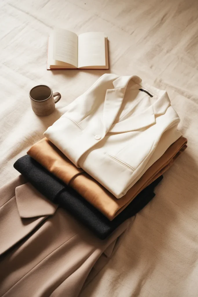 Blazer, trench, and wool coat stacked in buying order on cream linen