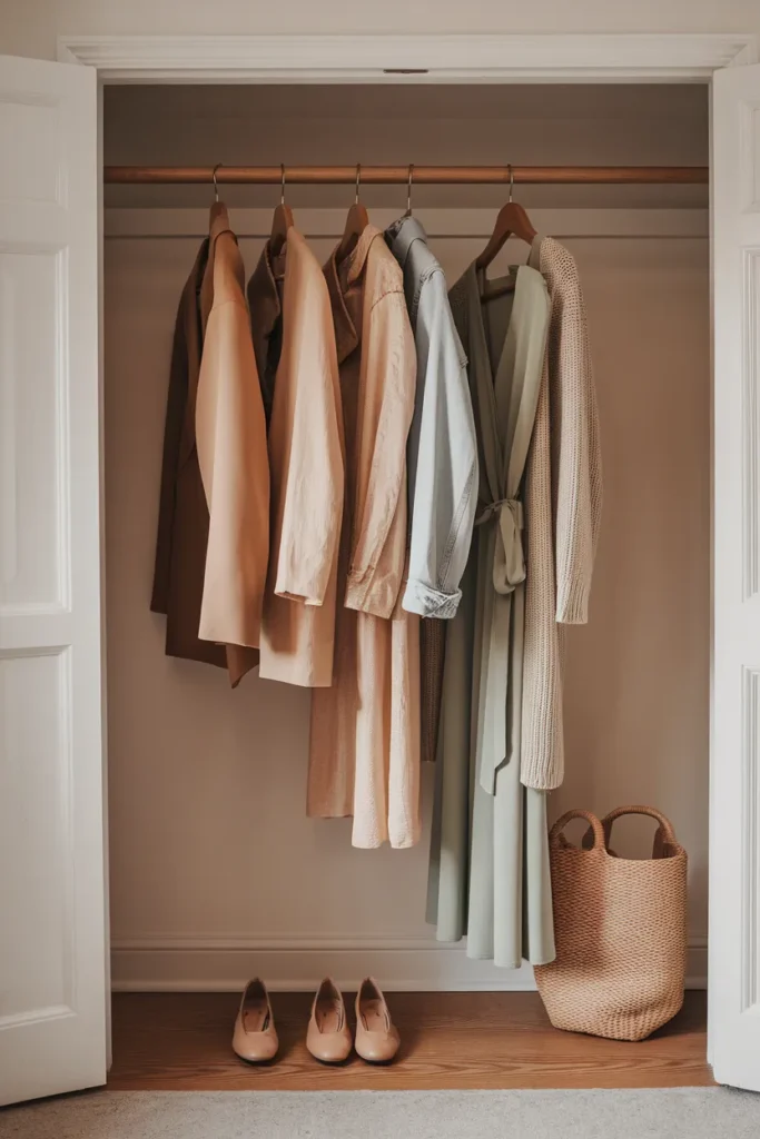 Blazer, trench, denim jacket, coatigan, and wrap dress on wooden hangers in a midsize capsule closet